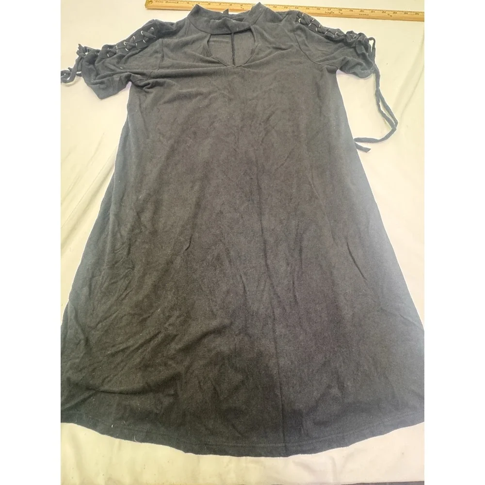 T Shirt Dress Women Cutout Black Ribbon Lace Up Slve Knee Length Western Size S
